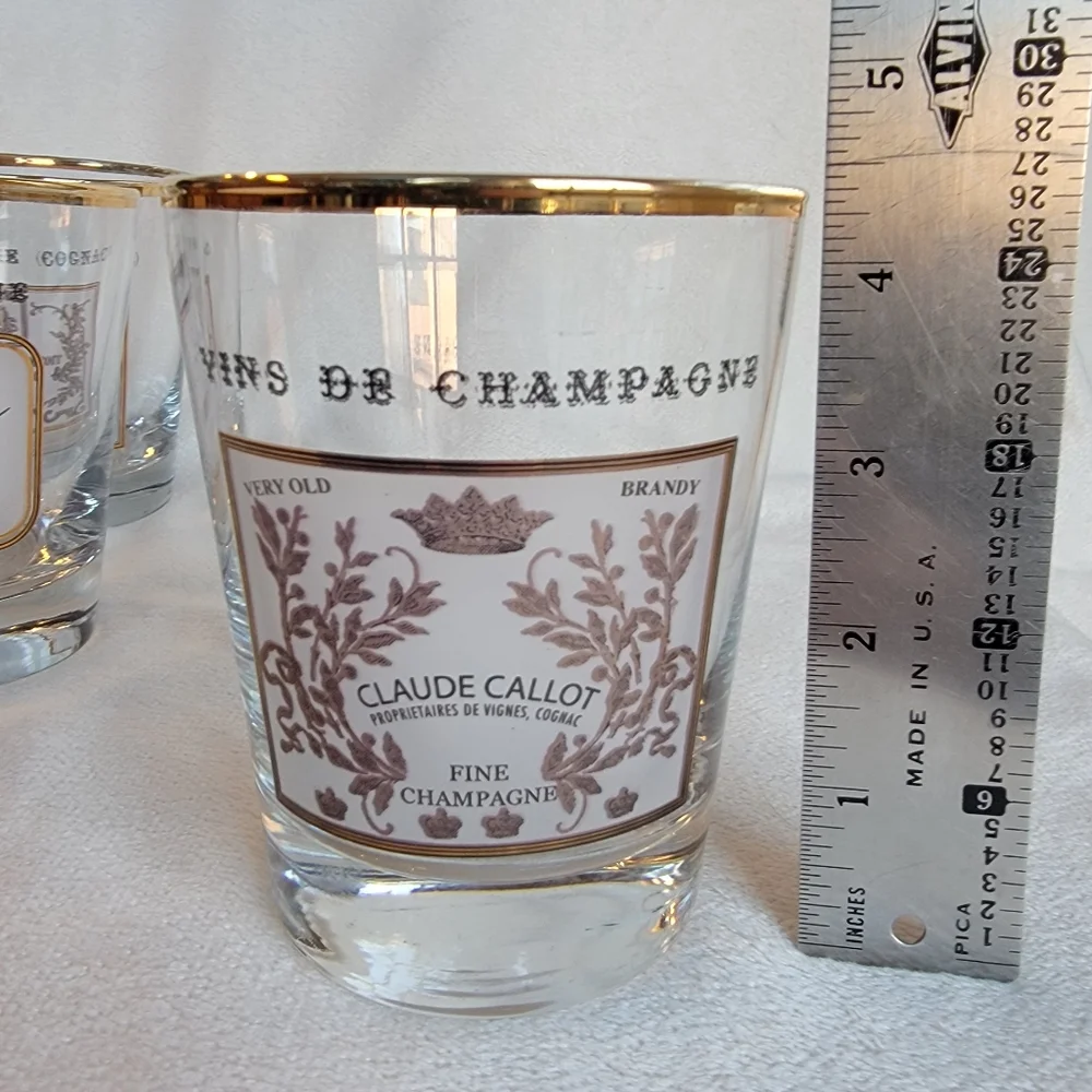 Williams Sonoma 4 Vintage Double Old Fashioned Glasses Gold Rim Cognac Champagne